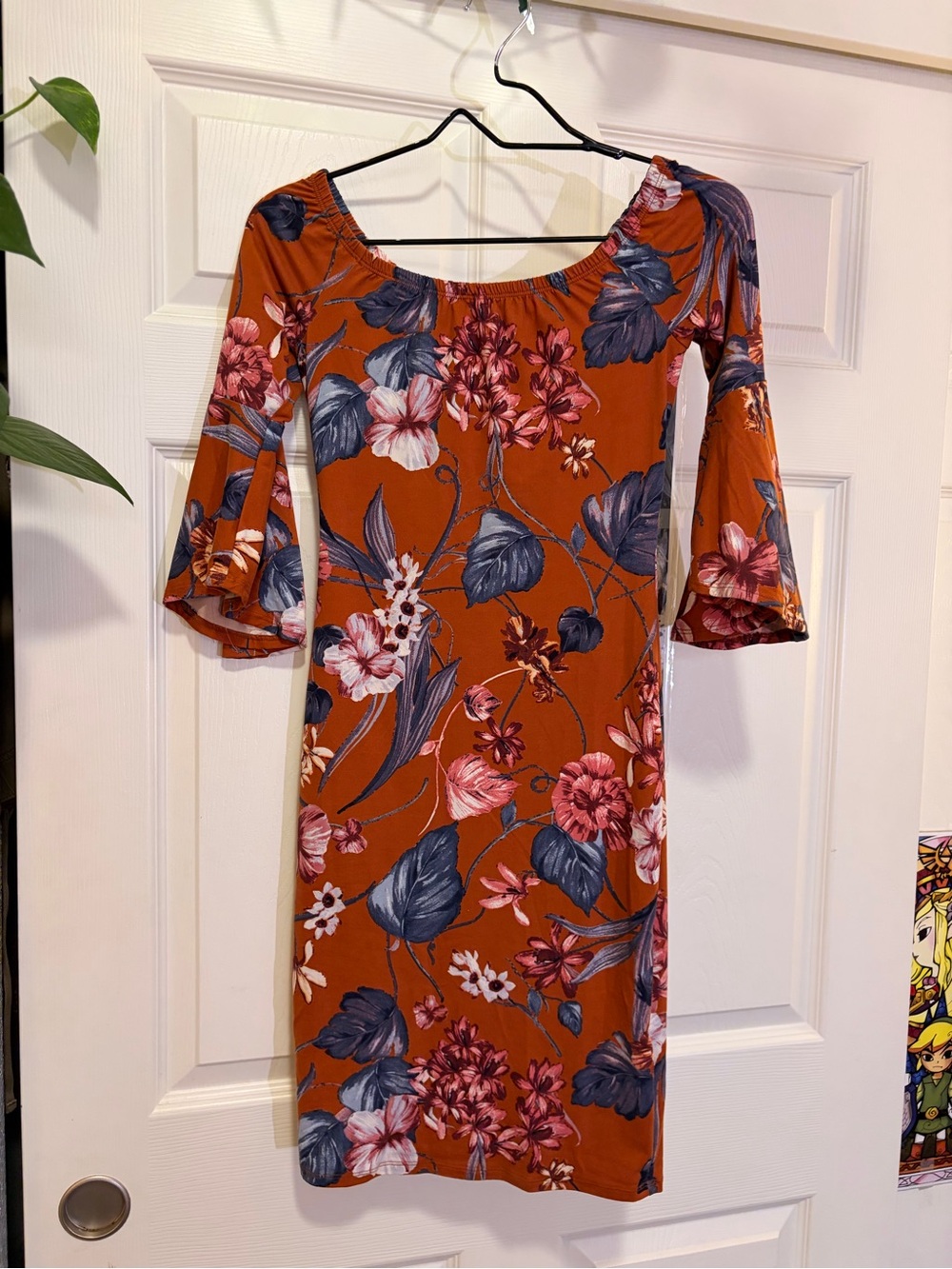 iris Burnt Orange Floral Off-Shoulder Midi Dress